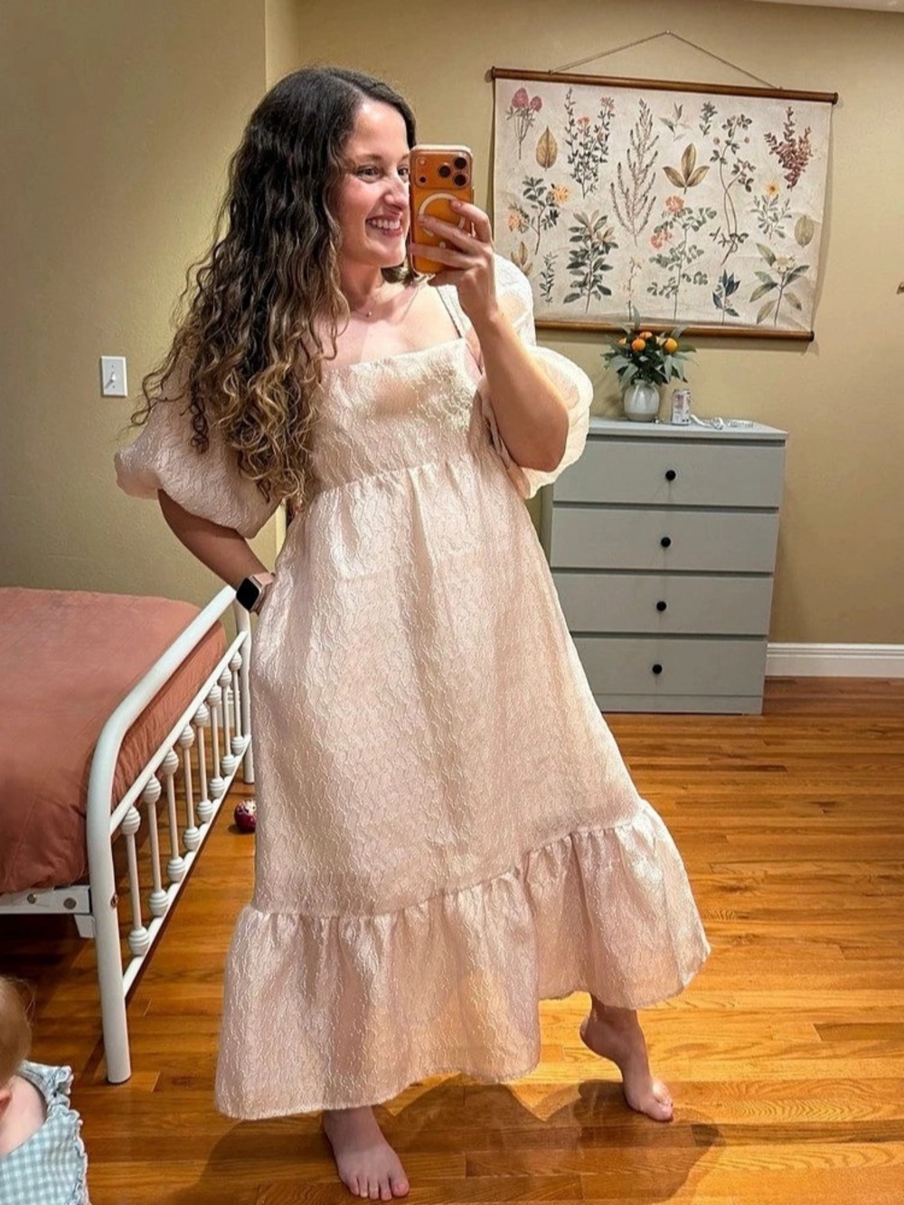 By Anthropologie Textured Puff-Sleeve Dress Pink Medium Iridescent